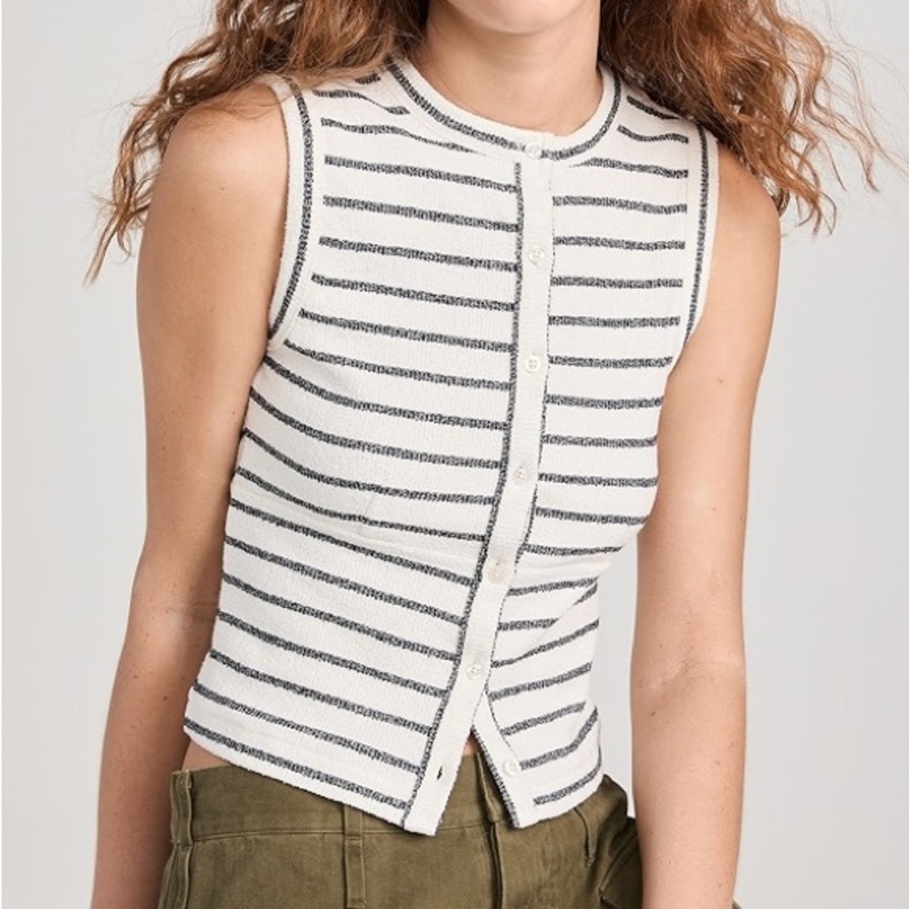 Madewell Split-Crewneck Cardigan Tank Button-Front Striped Lighthouse Size XL